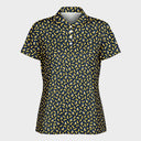 A short-sleeve button-up shirt with a repeating yellow banana print on a navy blue background, displayed on a clean white background.