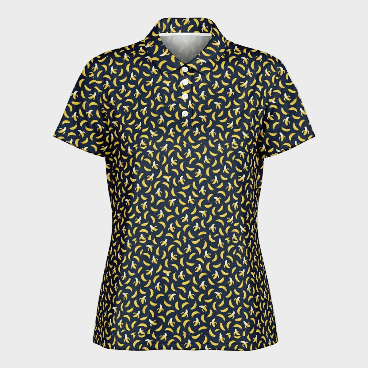 A short-sleeve button-up shirt with a repeating yellow banana print on a navy blue background, displayed on a clean white background.