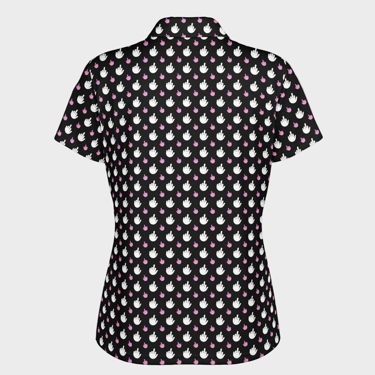 A short-sleeve collared button-up shirt with a black background and an all-over repeating pattern of white stylized faces and small pink hearts, shown on a plain white background.