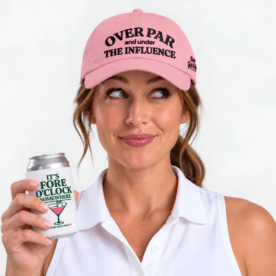 FGO Model wearing the over par and under the influence hat