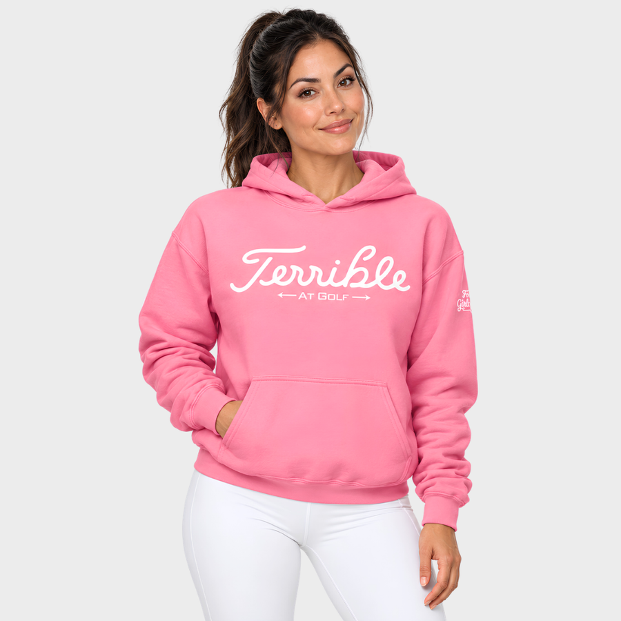 FGO Model wearing the terrible at golf hoodie
