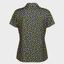 A short-sleeve button-up shirt with a repeating yellow banana print on a navy blue background, shown against a plain white background.
