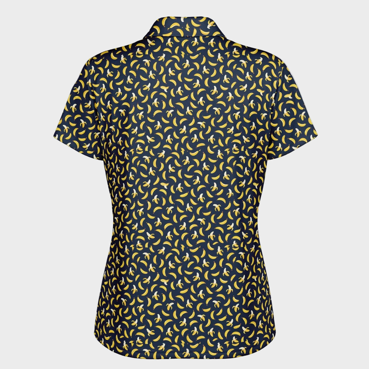 A short-sleeve button-up shirt with a repeating yellow banana print on a navy blue background, shown against a plain white background.