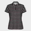 A short-sleeve collared button-up shirt with a black background and an all-over repeating pattern of white hand-drawn style icons and small pink hearts, shown on a plain white background.