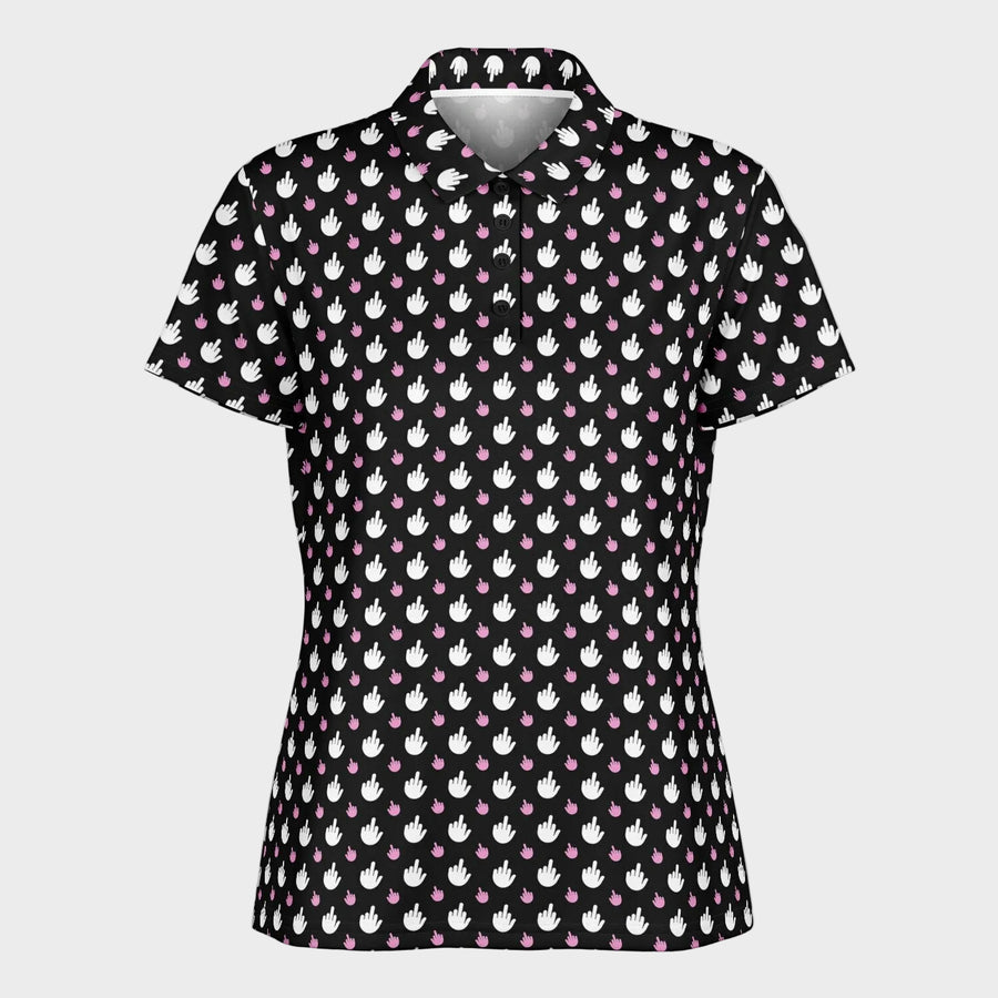 A short-sleeve collared button-up shirt with a black background and an all-over repeating pattern of white hand-drawn style icons and small pink hearts, shown on a plain white background.
