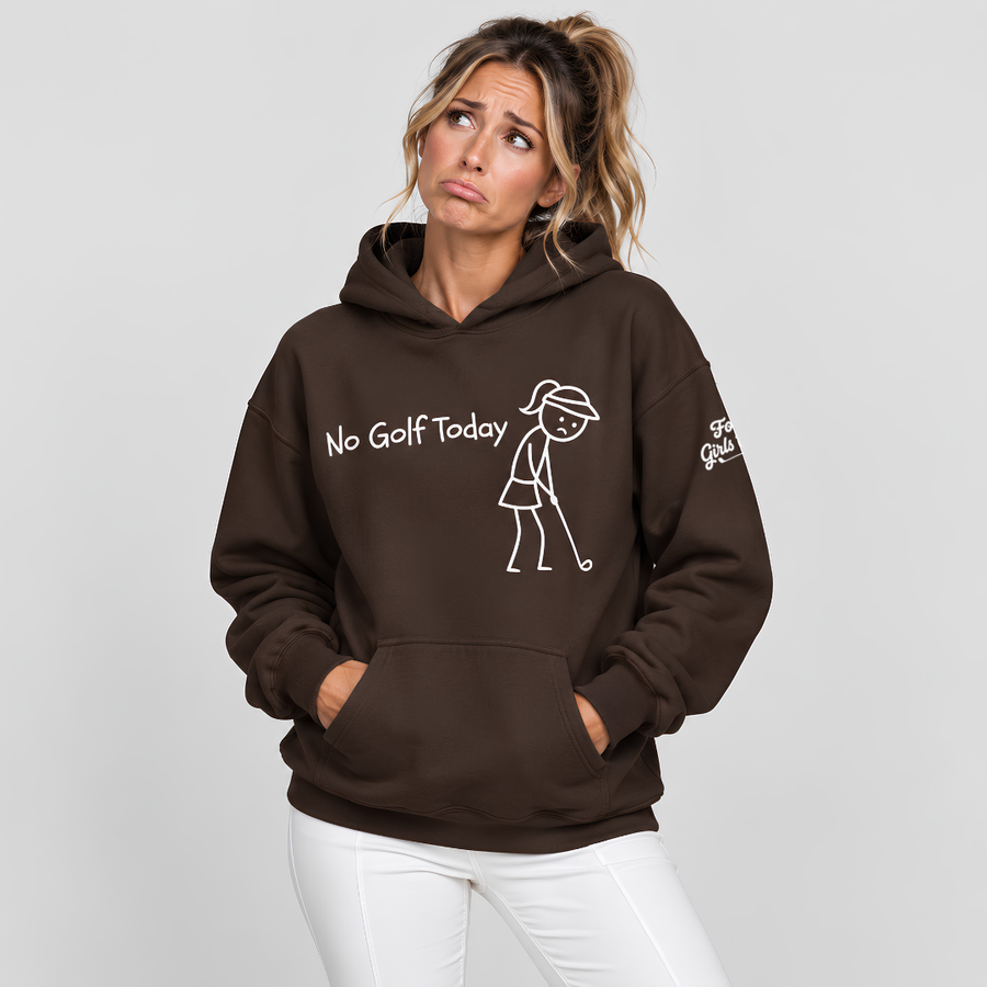 FGO model wearing the brown No Golf Today hoodie