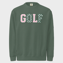 A sage green crewneck sweatshirt featuring the word 'GOLF' printed across the chest in large varsity-style letters. The letter 'G' has pink vertical stripes, 'O' and 'L' have a pink and white checkerboard pattern, and 'F' has a white and green checkerboard pattern.